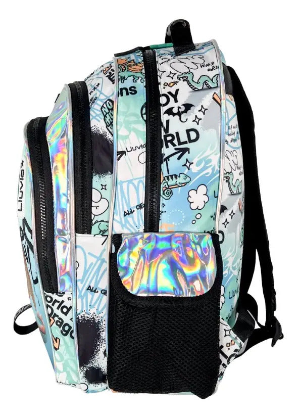 Mochila Escolar Lluvia Dragon 20l Color Agua Con Bolsillos Laterales Estampado