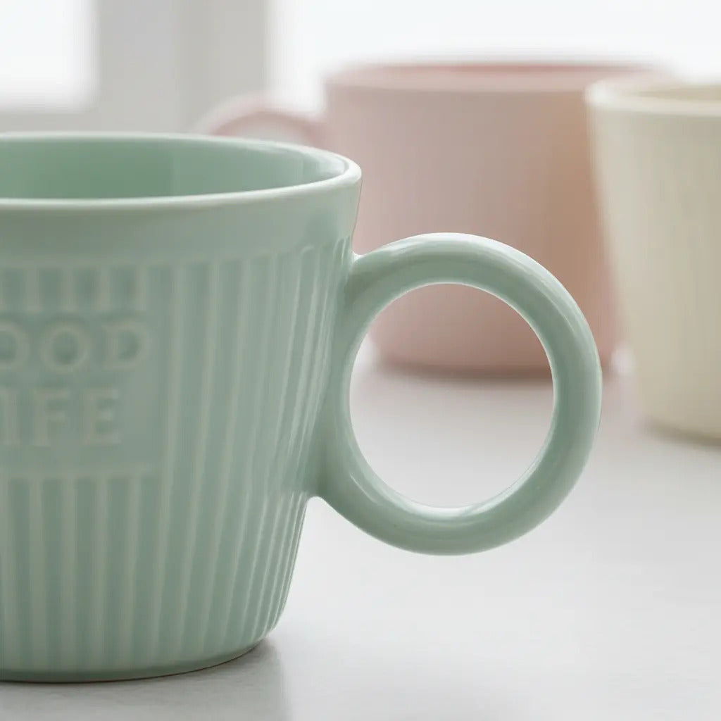 Taza Good Time En Tonos Pastel Rosa Menta Y Crema 350 Ml