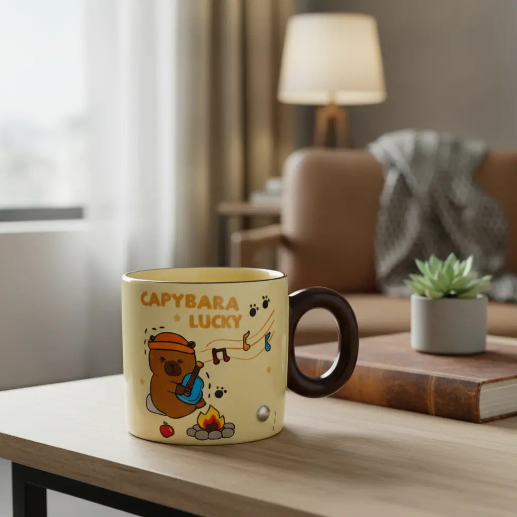 Taza Capibara Lluvia Con Tapa Y Figura Decorativa 360 Ml