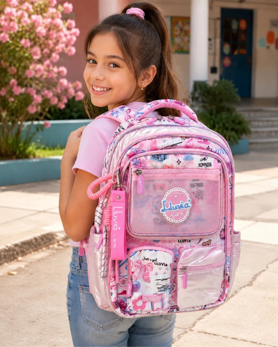 Mochila Escolar Lluvia Rosa Con Blanco Diseño Urban Girl