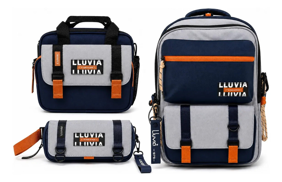 Set Mochila Juvenil Lluvia Azul Marino Y Naranja Tres Piezas