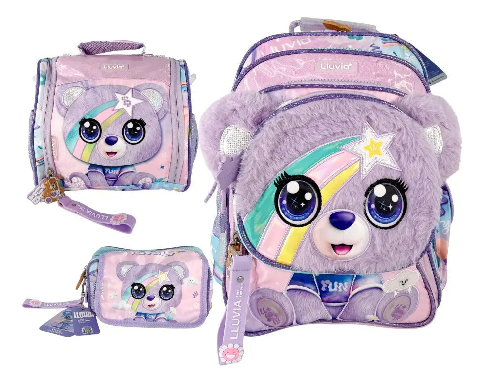 Paquete Mochila 3 Piezas Marca Lluvia Oso Arcoiris Kinder