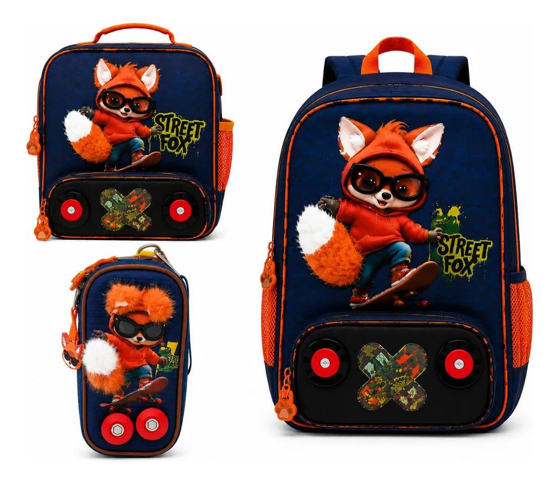 Set De Mochila Primaria Lluvia Tres Piezas Con Diseño Zorro