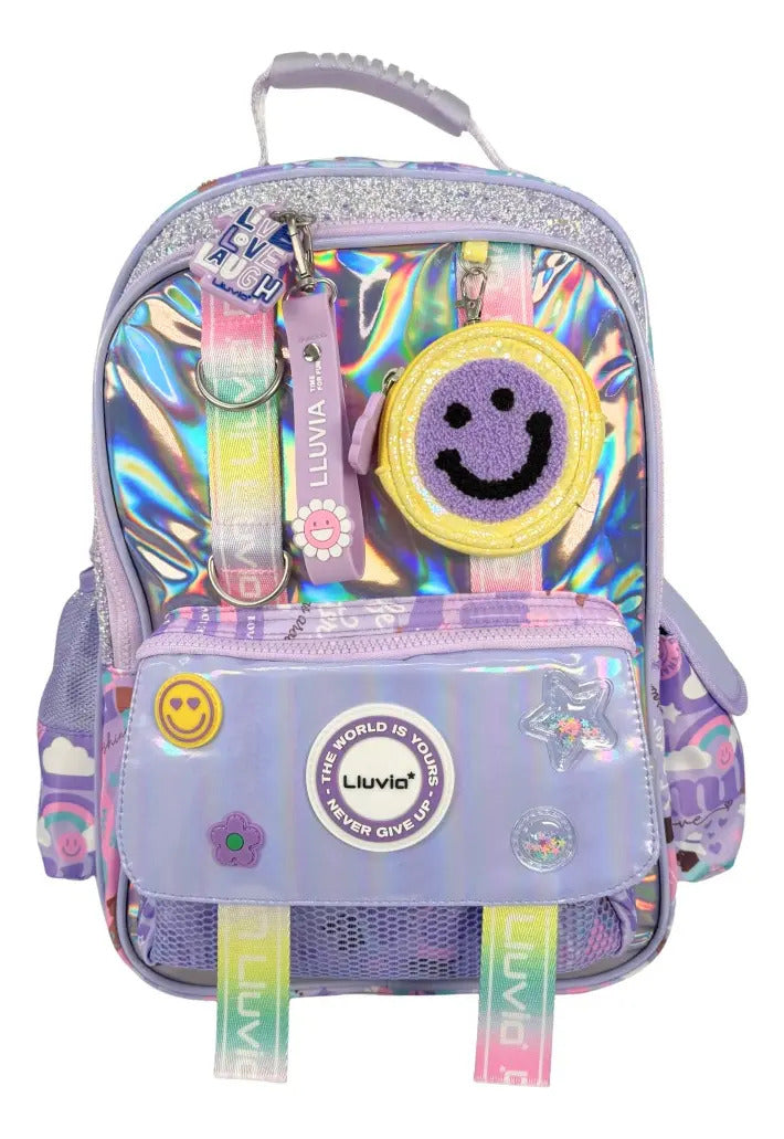 Mochila Escolar Lluvia Violeta Tornasol 20l Con Monedero Carita Geométrico