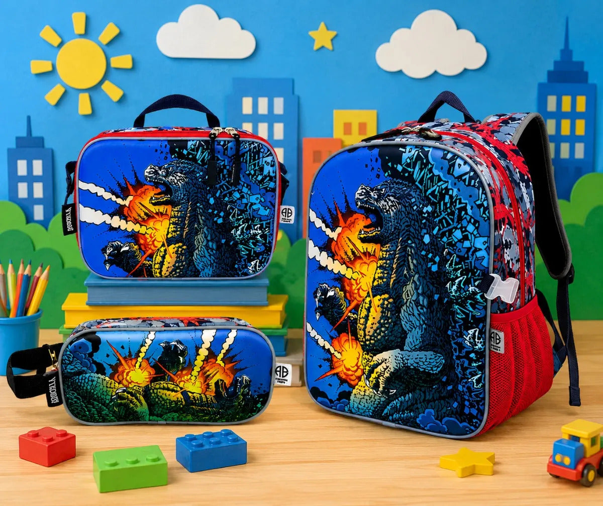 Set Tres Piezas American Bags Godzilla Mochila Escolar Azul