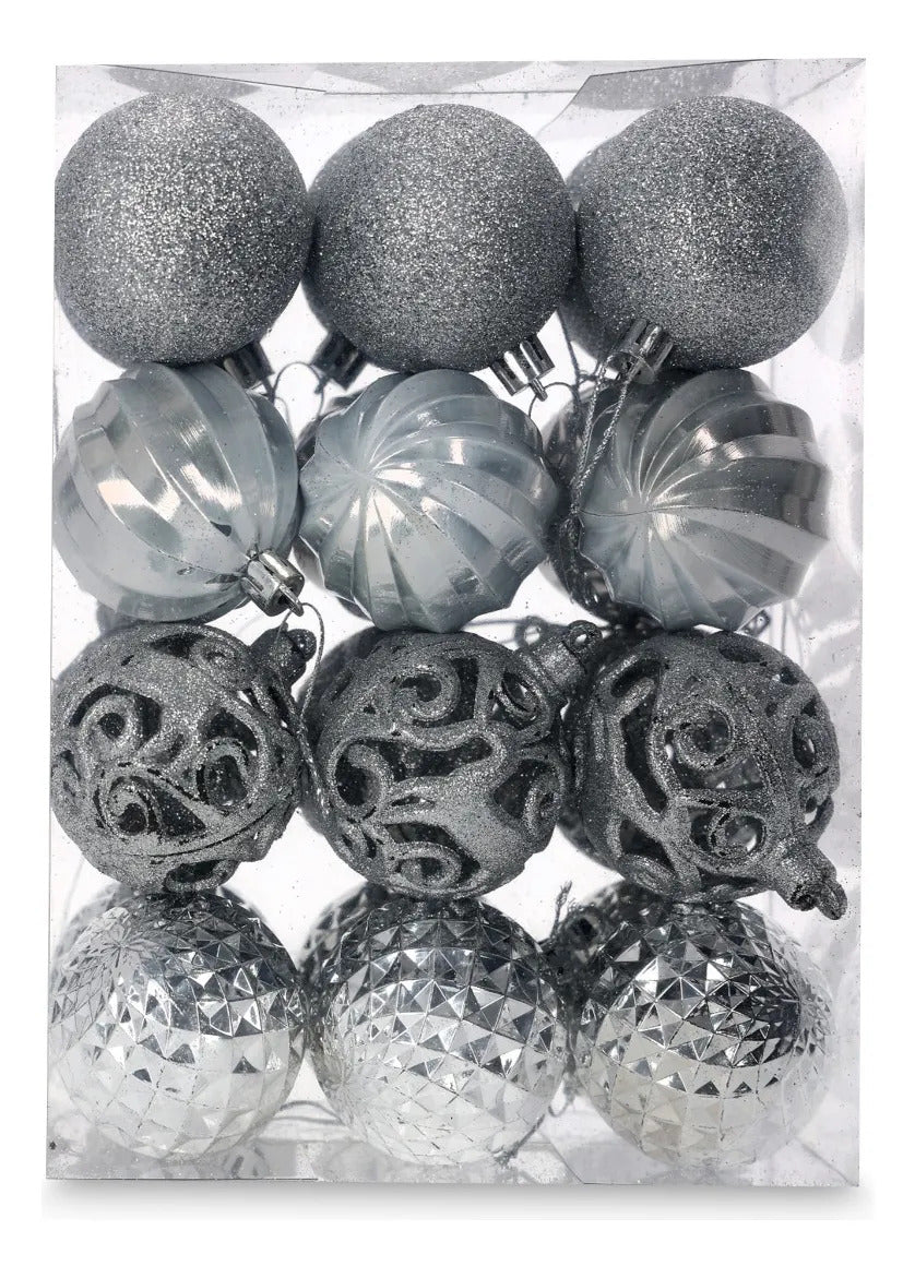 Set Navideño Lluvia Plata 24 Esferas Decorativas 6 Cm