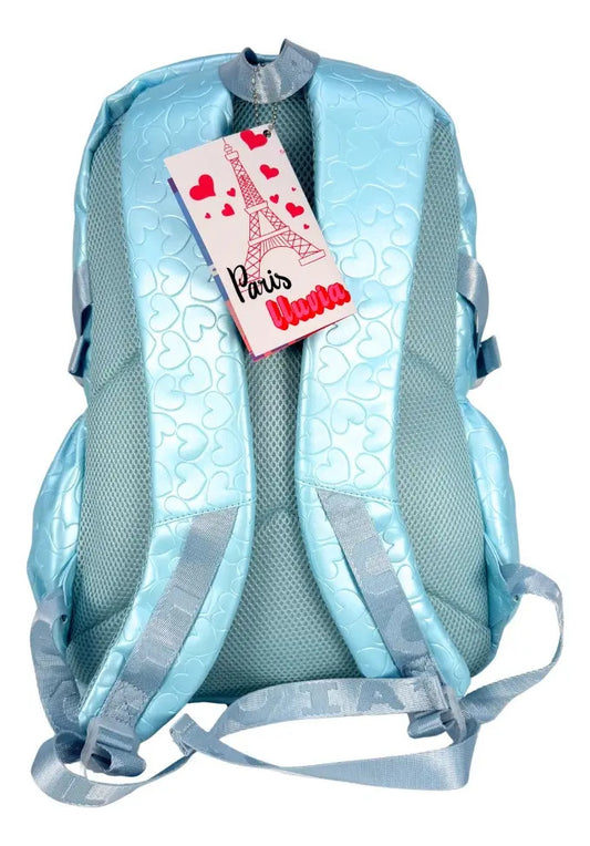 Mochila Juvenil Marca Lluvia Azul Con Relieve De Corazones