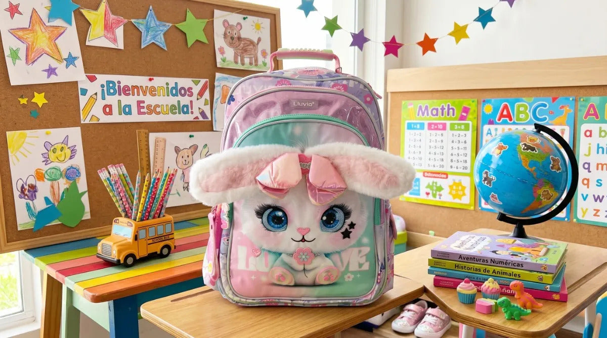 Mochila Escolar Lluvia Conejita Tierna Y Llavero Decorativo