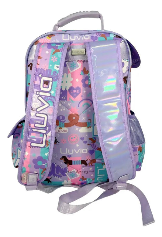 Mochila Escolar Lluvia Violeta Tornasol 20l Con Monedero Carita Geométrico