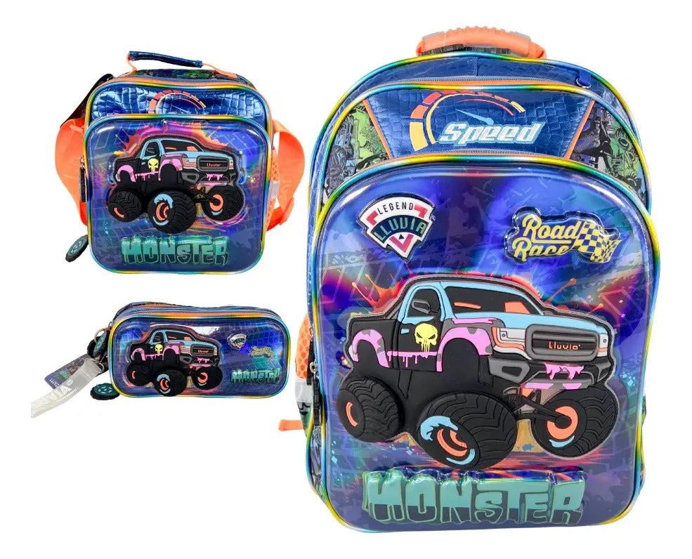 Mochila 3 Piezas Lluvia Primaria Monster Truck