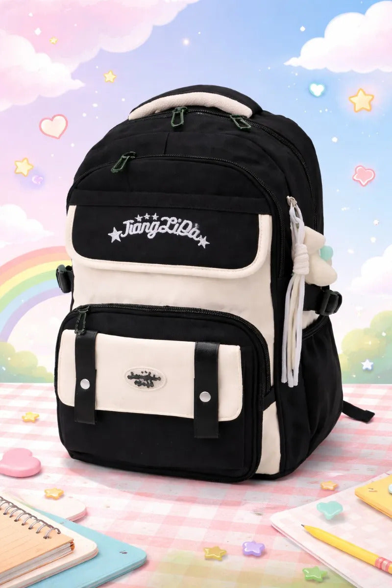 Mochila Juvenil Lluvia Negro Con Detalles Beige Antirrobo