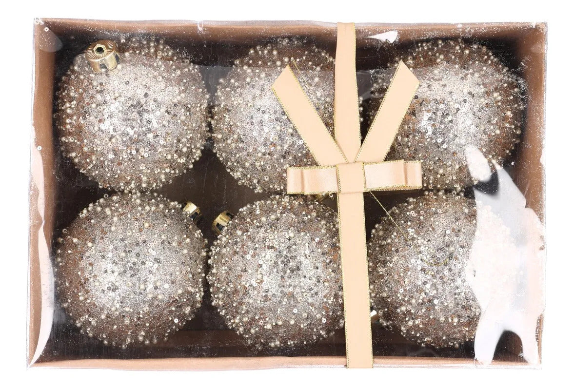 Set Esferas Navideñas lluvia Champagne Con Perlas 6 Piezas