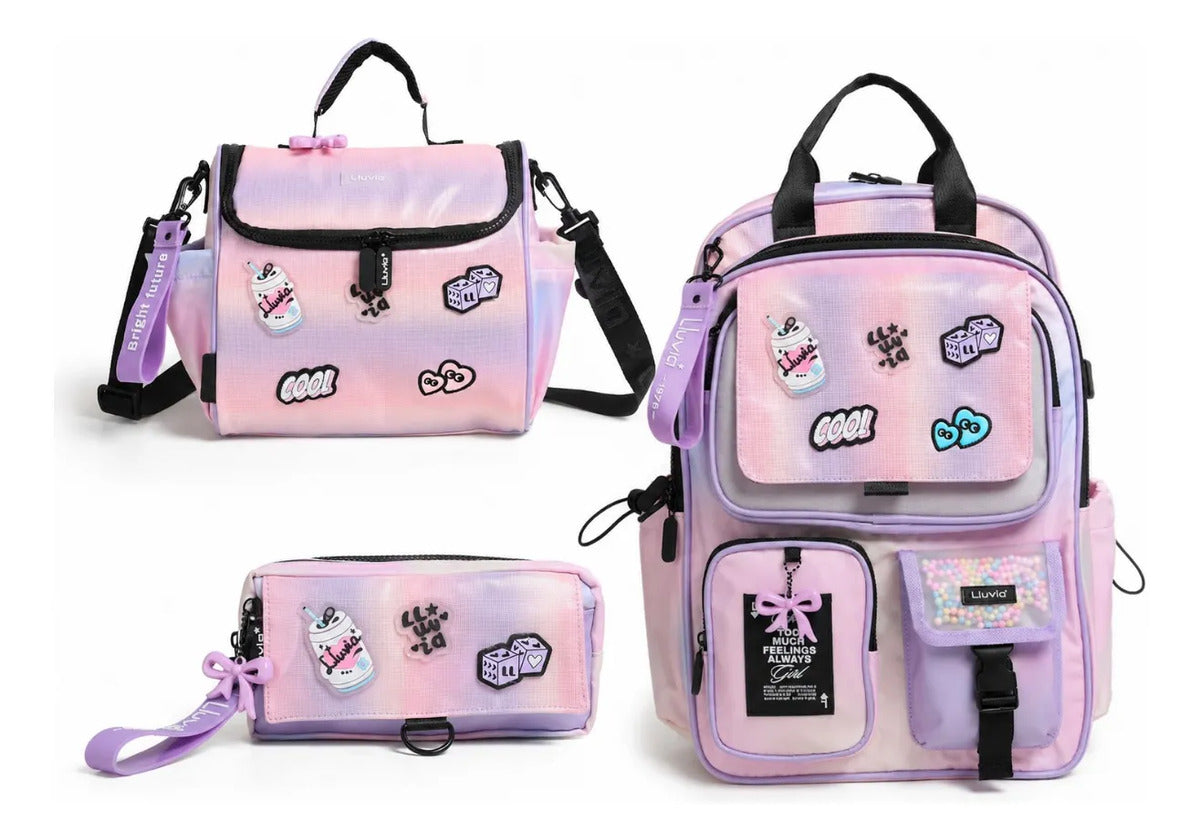Set De Mochila Lluvia 3 Piezas Con Lonchera Y Lapicera Lila