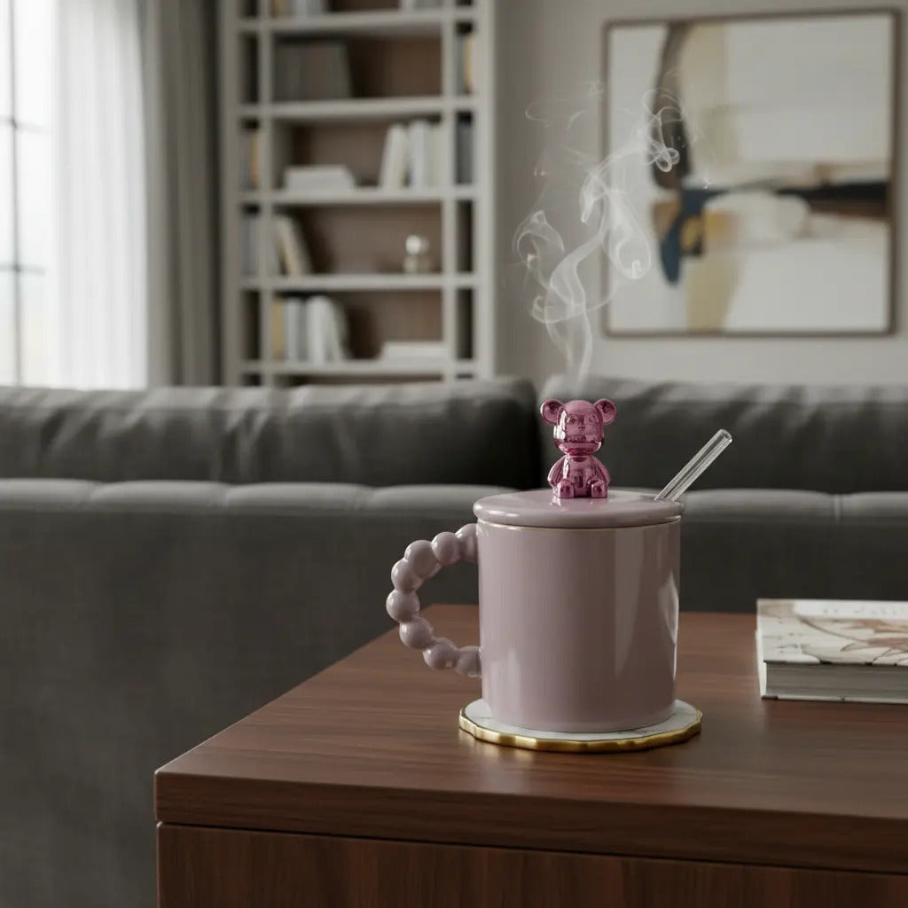 Taza Porcelana Con Oso Metalico Y Tapa 420 Ml