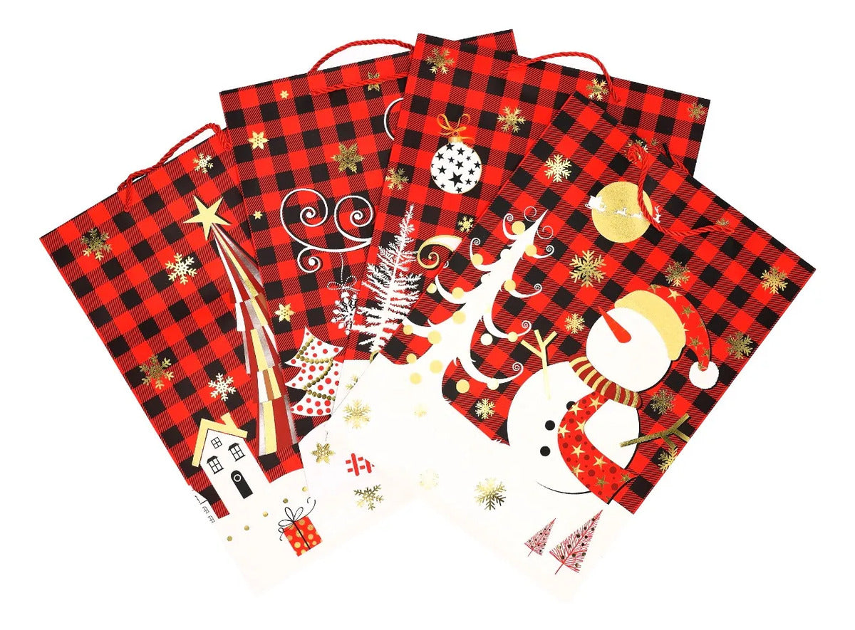 Bolsas de Regalo Navideñas Lluvia Cuadros Rojos 12 Pzas