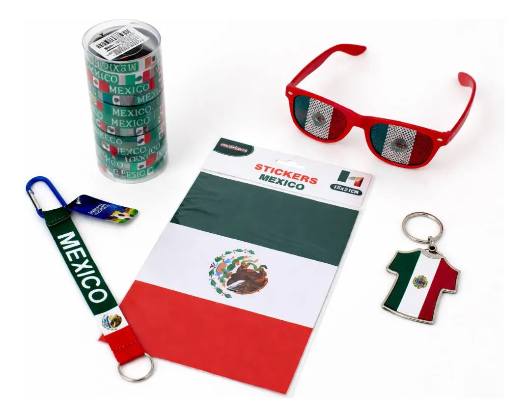 Kit Selección México Pulseras Lentes Rojos Llavero Y Sticker