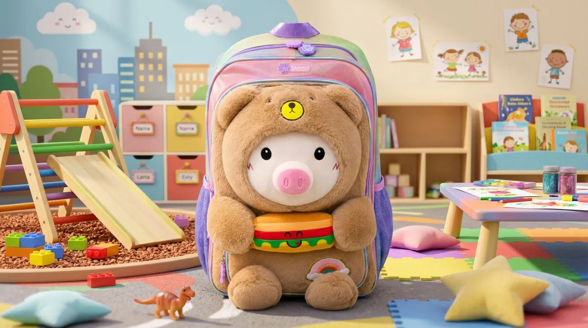 Mochila Escolar Kinder Lluvia Osito Marrón Peluche Tornasol