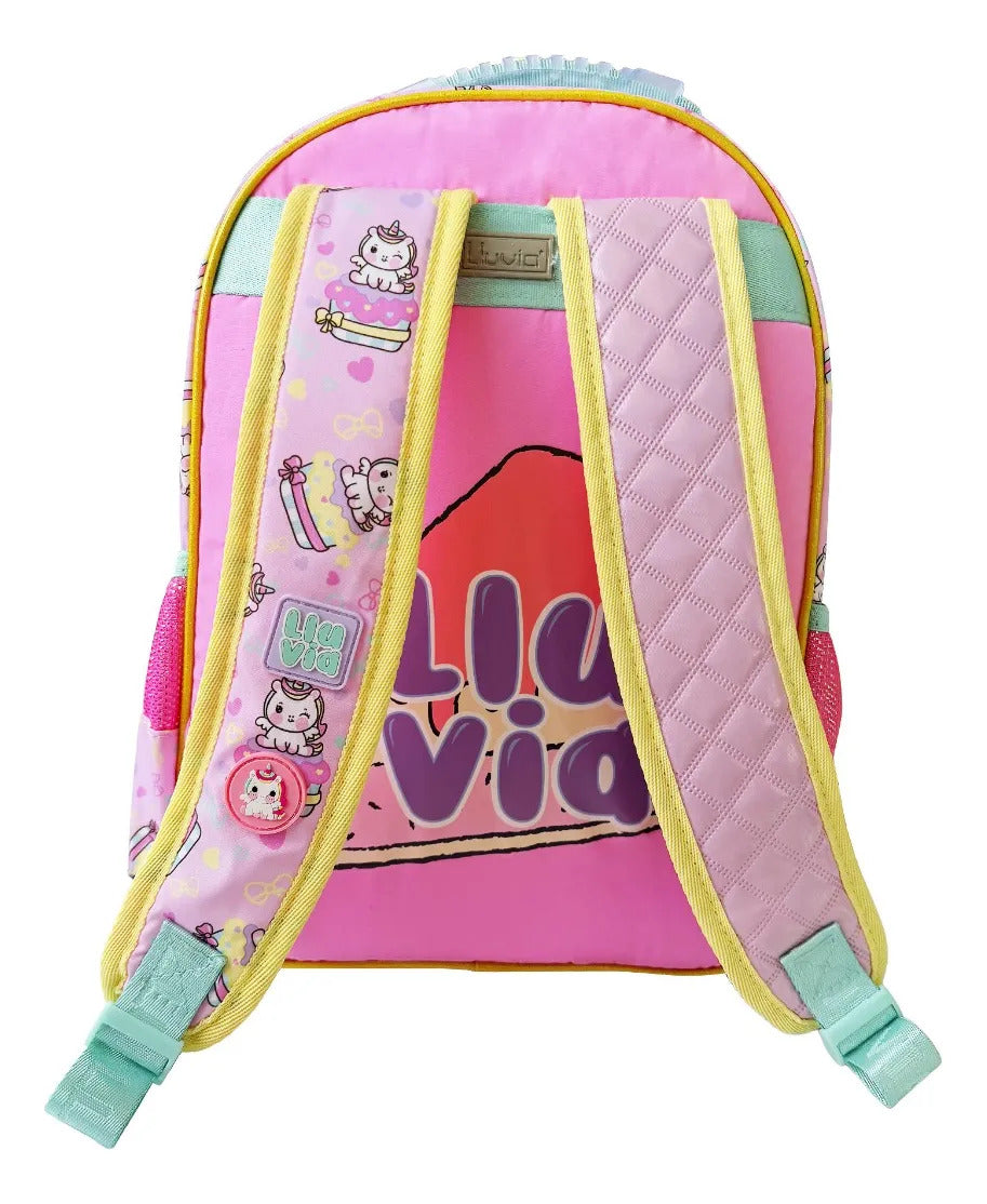 Mochila Kinder Lluvia Rosa Unicornio con Luz Diseño Pastelito