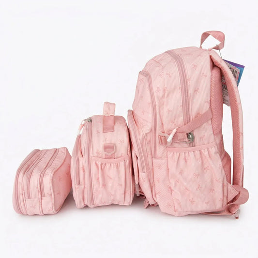 Set Escolar 3 Piezas Rosa Diseño Moños Mochila Comple