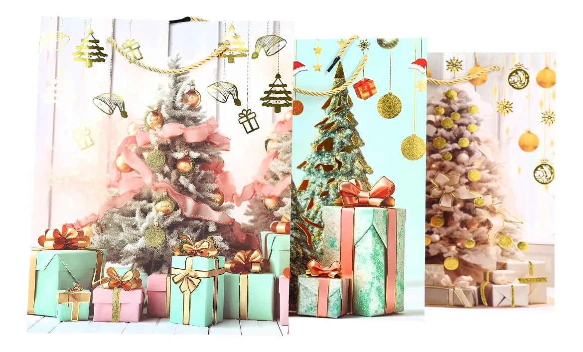 Bolsas de Regalo Navideñas Lluvia Tonos Cálidos 12 Pzas 32cm