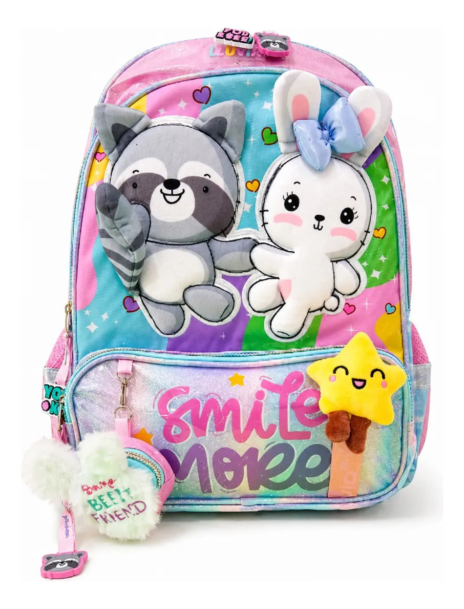 Mochila Lluvia Con Mapache 3d Conejita Y Monedero Plush