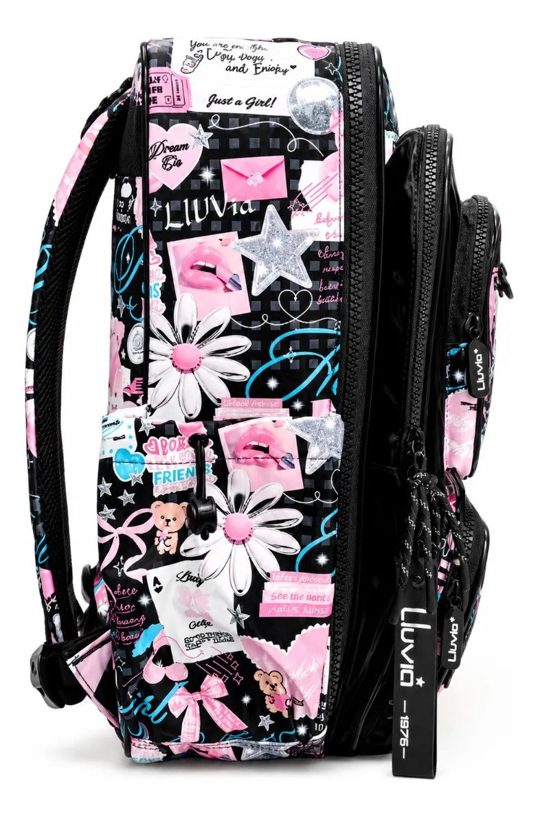 Mochila Lluvia Negra Casita Y Ositos Con Velcro Desmontables