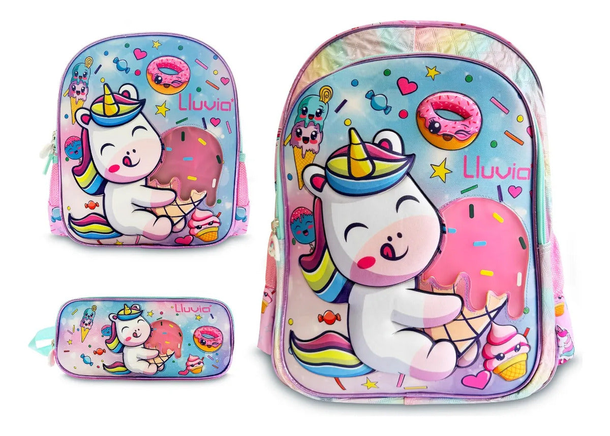 Set Escolar Lluvia Rosa Unicornio Dulces con Luz Tres Piezas