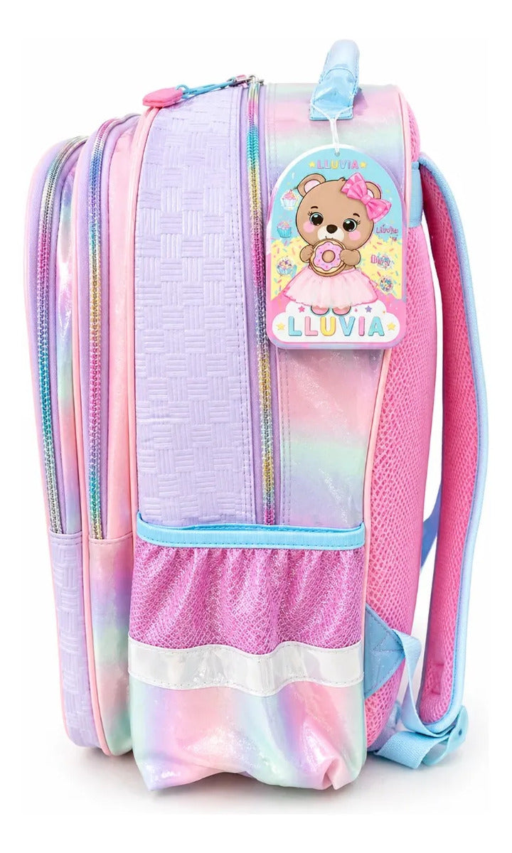 Mochila Escolar Lluvia Con Osita Glitter Y Monedero 3d