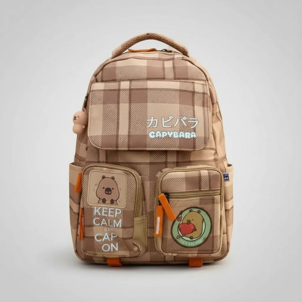 Mochila Escolar Fotorama Capybara Beige Con 4 Bolsillos