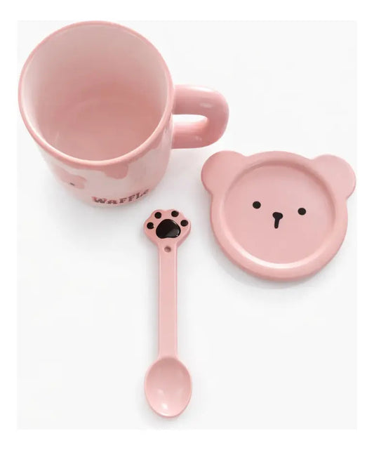 Taza Waffle De Oso Con Tapa Y Cuchara 500 Ml