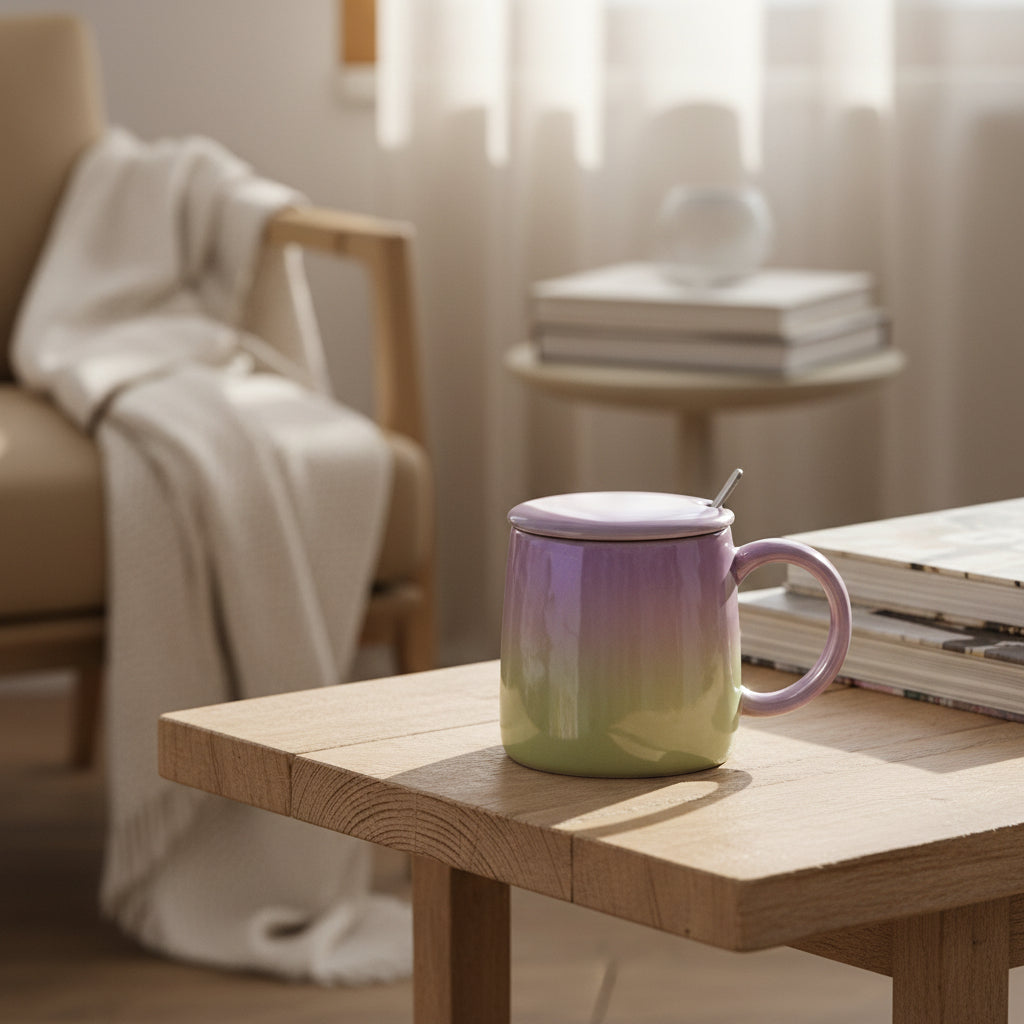 Taza Tornasol De Cerámica Con Tapa Y Cuchara Metalica 380 Ml
