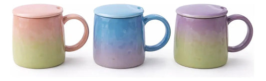 Taza Tornasol De Cerámica Con Tapa Y Cuchara Metalica 380 Ml