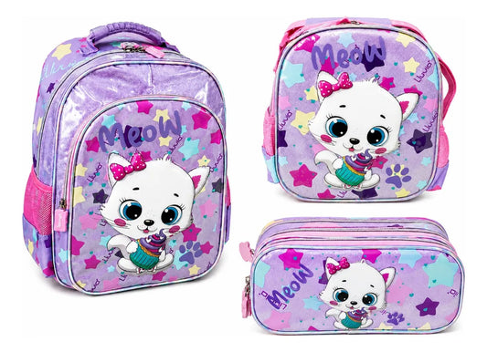 Set Tres Piezas Lluvia Gatita Meow Lila Rosa Con Luz Led