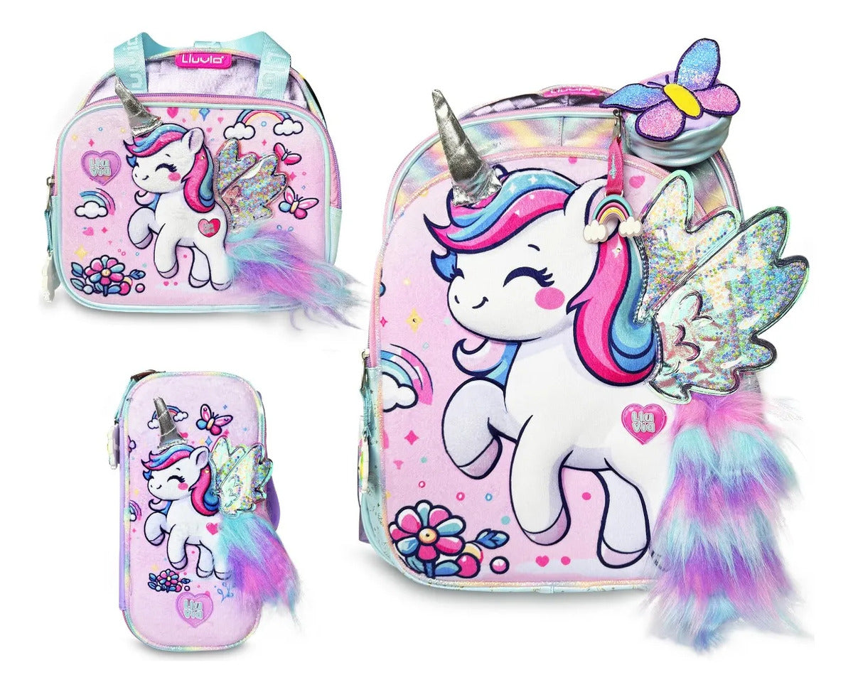 Set Escolar Lluvia Lila Unicornio Arcoiris 3D y Monedero