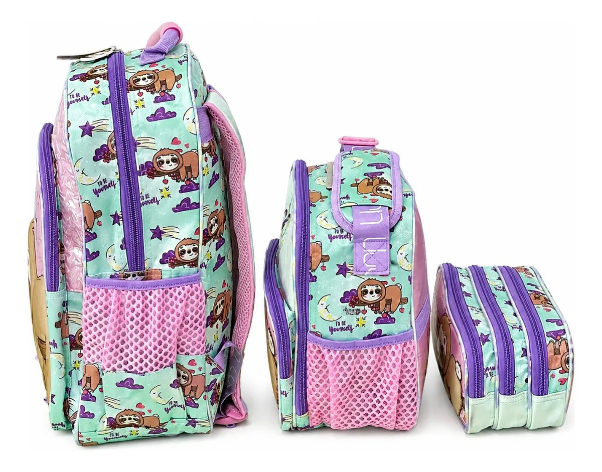 Set Tres Piezas Lluvia Perezoso Rosa Luz Led Mochila Escolar