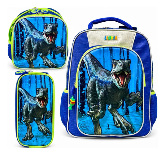 Set Tres Piezas Lluvia Dinosaurio T-rex Azul Verde Limón