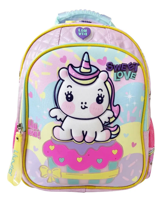 Mochila Kinder Lluvia Rosa Unicornio con Luz Diseño Pastelito