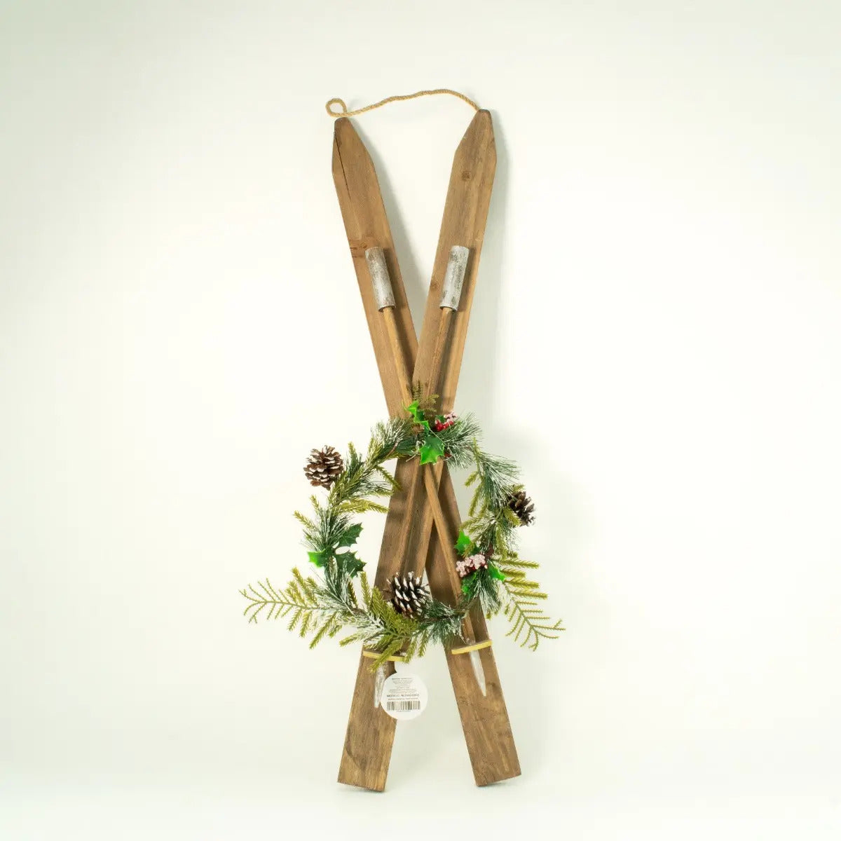 Figura De Esquís Navideños De Madera Con Piñas 74x1x9