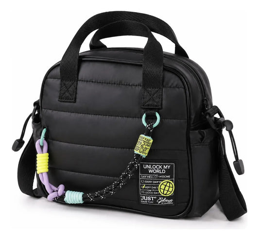 Lonchera Lluvia Negra Diseño Puffy Con Cordón Multicolor