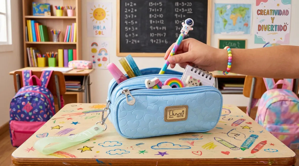 Lapicera Organizador Lluvia Diseño De Corazones Azul Cielo