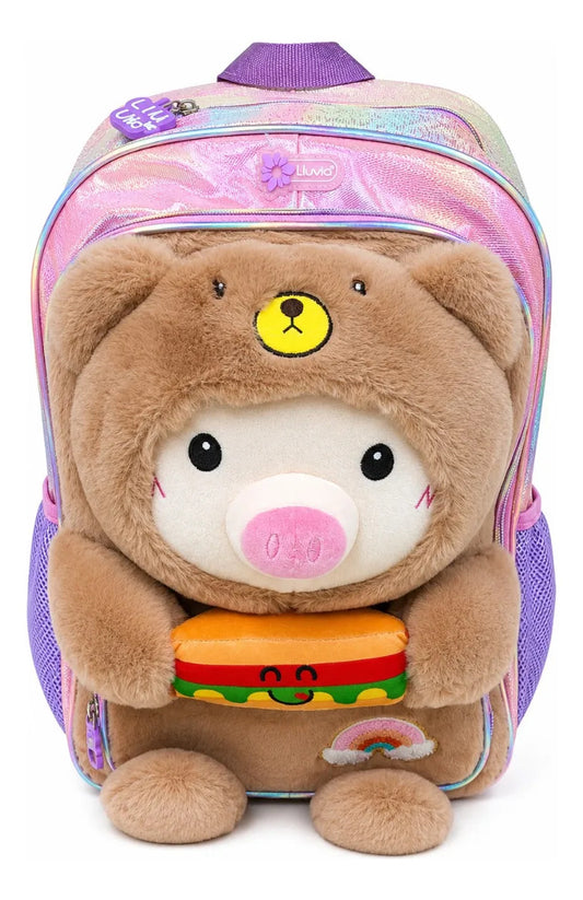 Mochila Escolar Kinder Lluvia Osito Marrón Peluche Tornasol