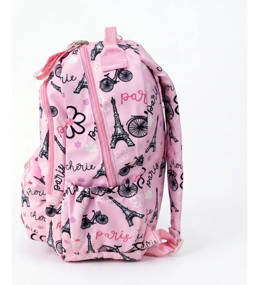 Mochila Escolar Lluvia Rosa Diseño Torre Eiffel Y Bicicletas