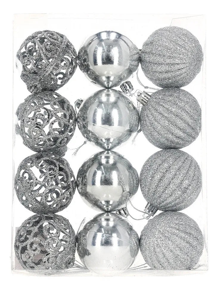 Set 12 Esferas Plateadas con Diamantina y Arabescos 6 cm