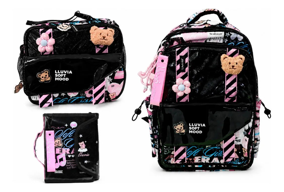 Set De 3 Piezas Mochila Lluvia Soft Mood Con Llaveros
