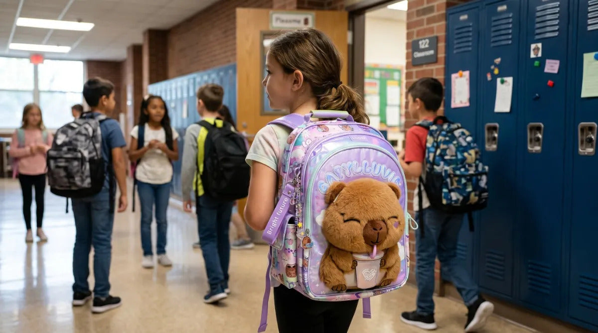 Mochila Escolar Lluvia Capibara Lila Con Bolsillos Laterales