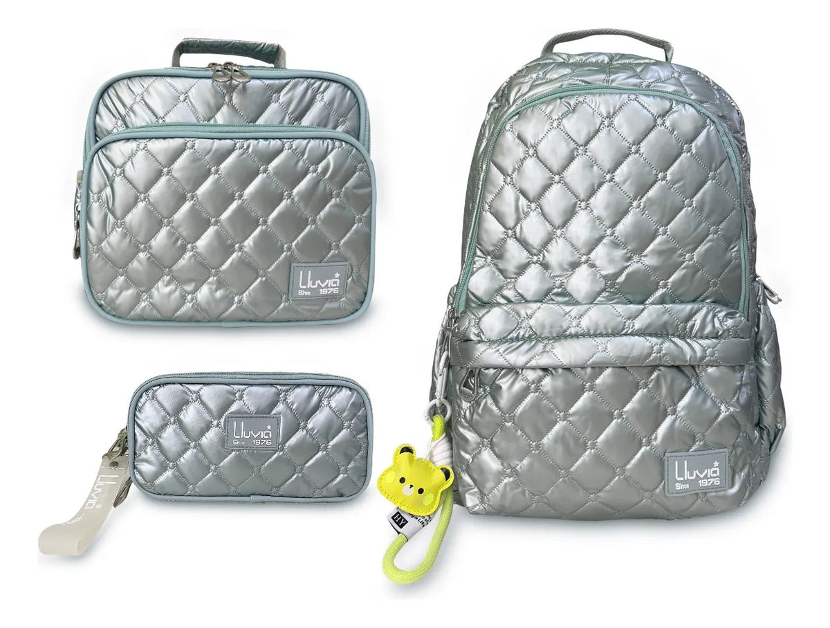 Set Escolar Lluvia Verde Menta 3 Pzas Acolchado