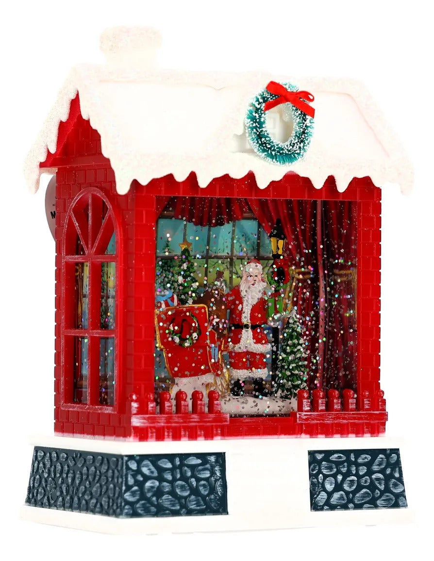 Lámpara Navideña Casita Roja Efecto Nieve Santa Claus 19 cm