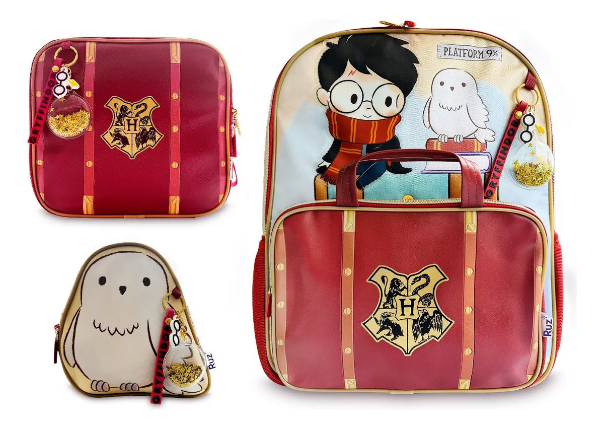 Set Mochila Escolar Ruz Vino Harry Potter y Buho Tres Piezas