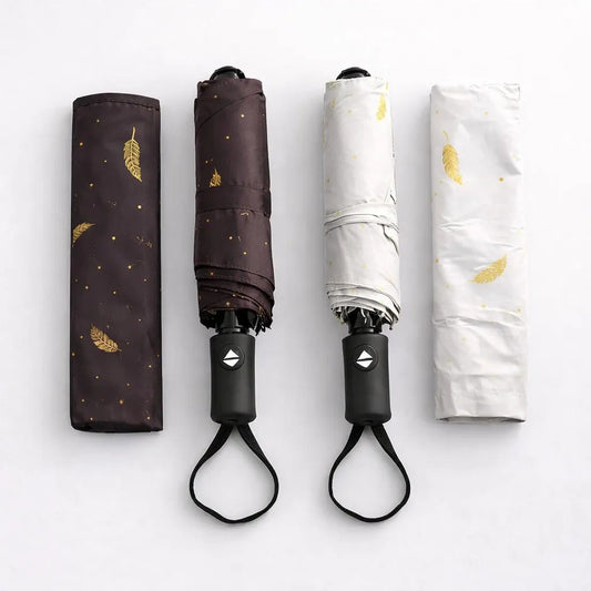 Paraguas De Bolsillo Automático Estampado De Plumas Doradas