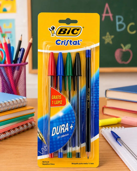 Plumas Bic Cristal Dura Mas Colores Básicos Con Lápiz Hb